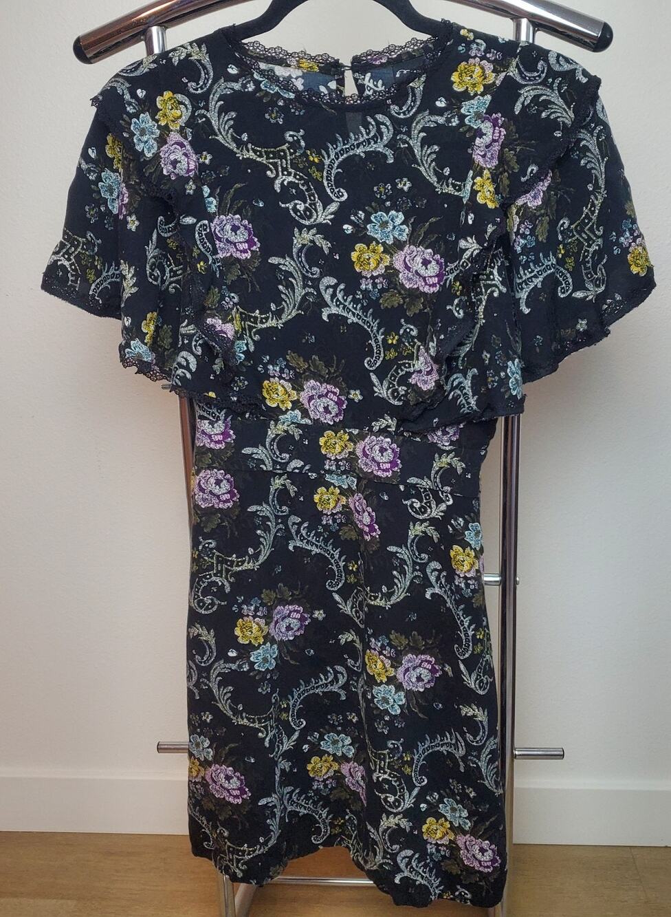 Black Purple Yellow Floral Girls Dress 10/12 Ruffle Butterfly/Angel Sleeves Lace